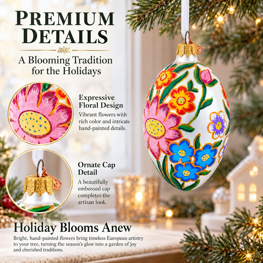 Colorful Flowers Glass Egg Ornament 4 Inches