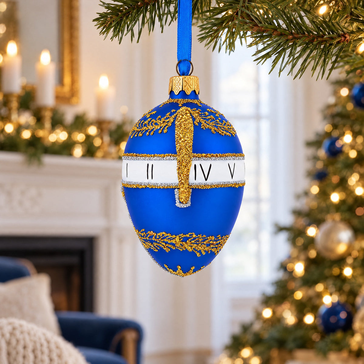 1895 Blue Serpent Clock Royal Egg Glass Ornament 4 Inches