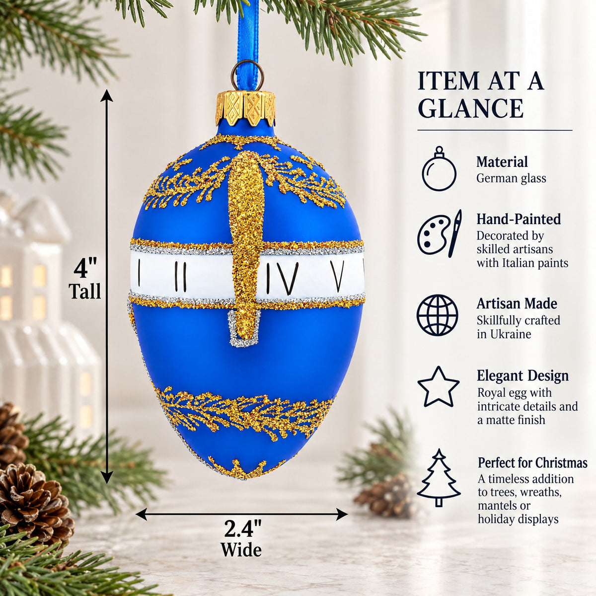1895 Blue Serpent Clock Royal Egg Glass Ornament 4 Inches