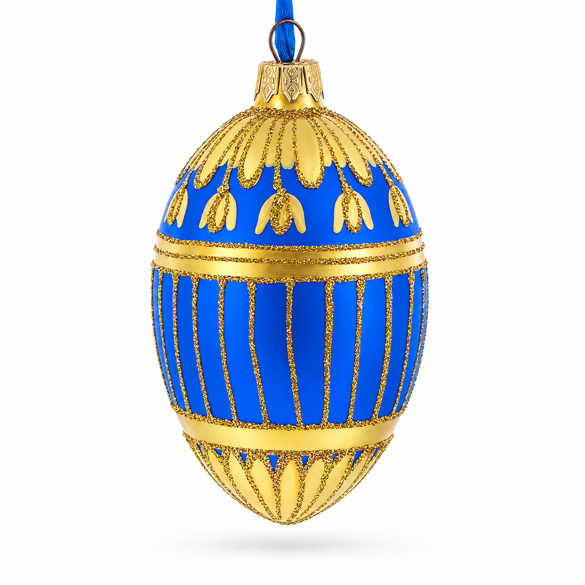 1885 Blue Enamel Ribbed Royal Egg Glass Ornament 4 Inches