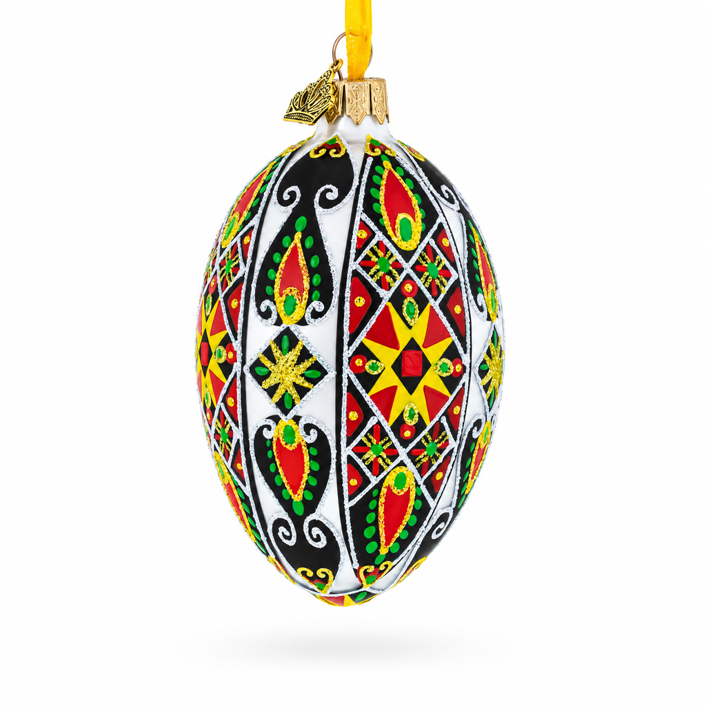 Traditional Ukrainian Pysanka Glass Egg Ornament 4 Inches