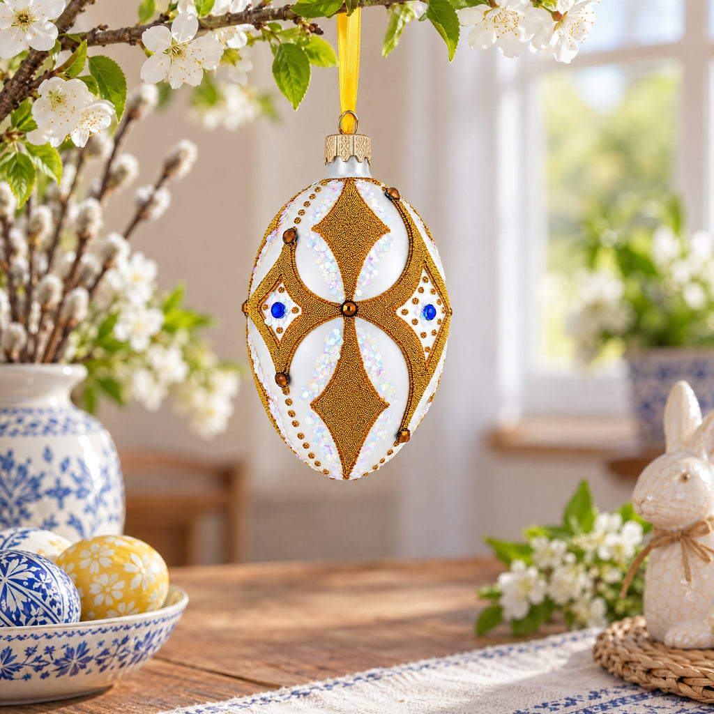 Golden Rhombus On White Glass Egg Ornament 4 Inches