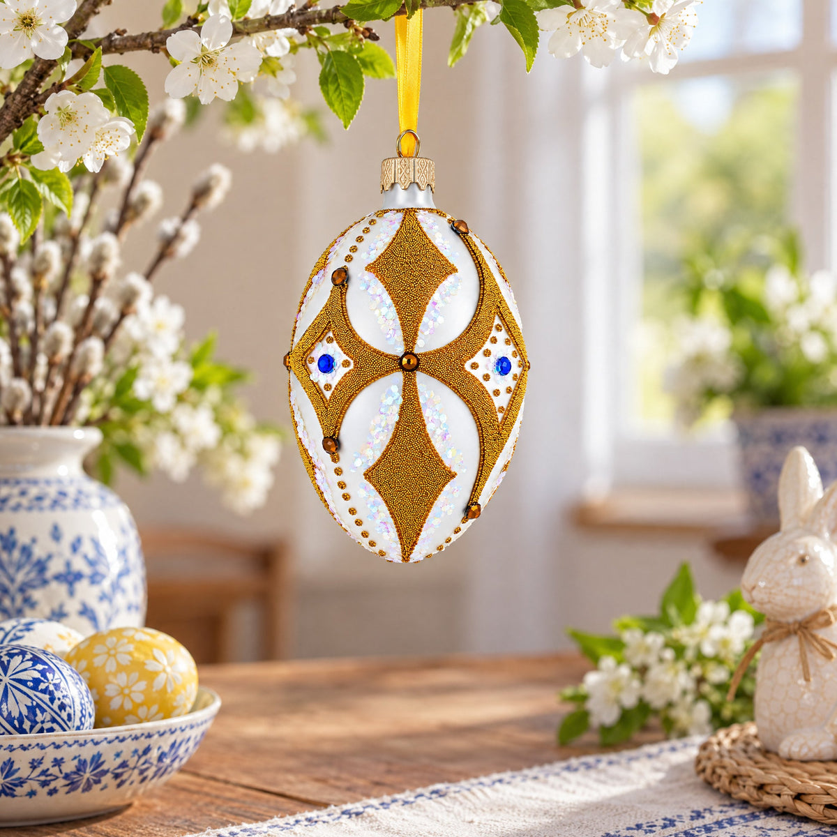 Golden Rhombus On White Glass Egg Ornament 4 Inches