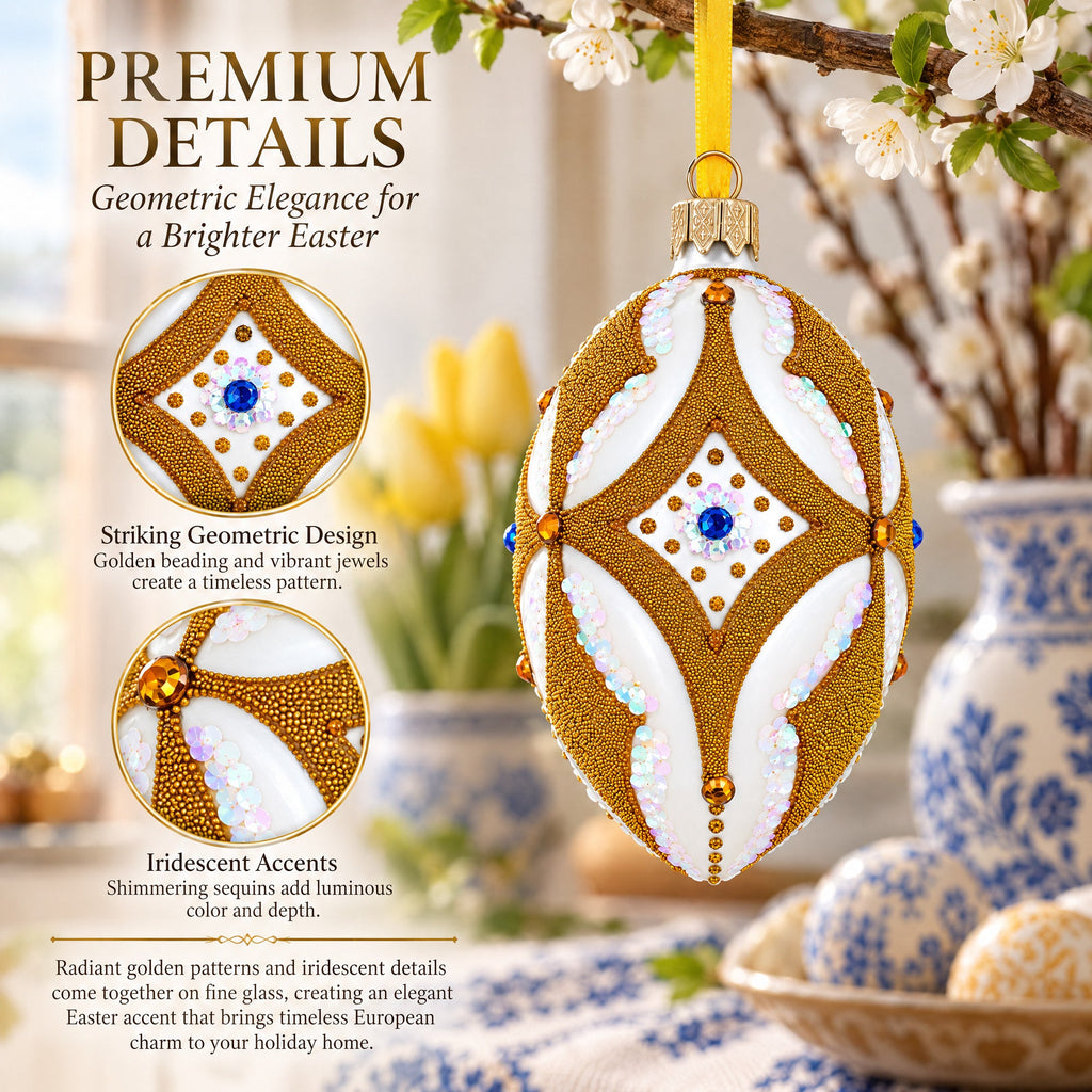 Golden Rhombus On White Glass Egg Ornament 4 Inches