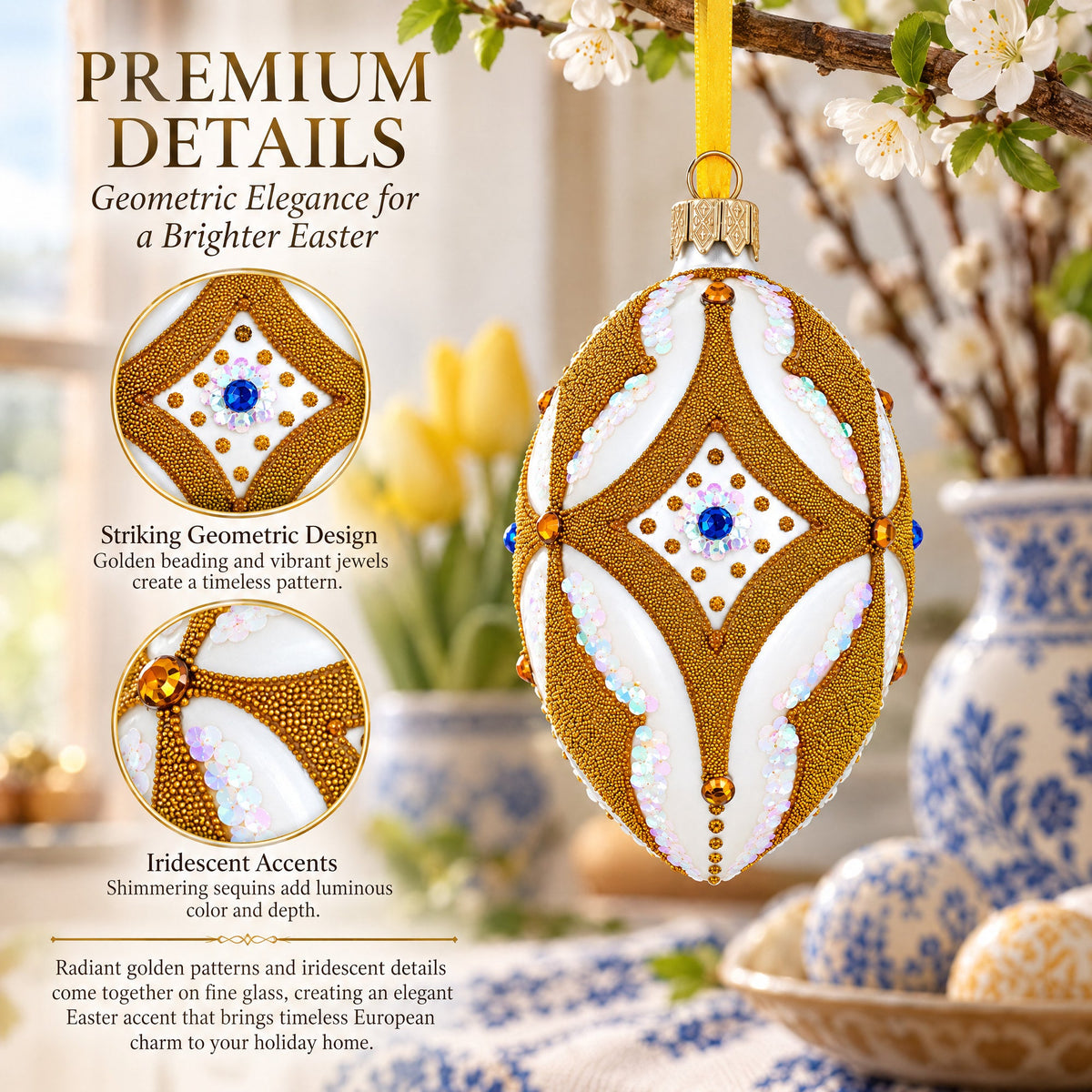 Golden Rhombus On White Glass Egg Ornament 4 Inches