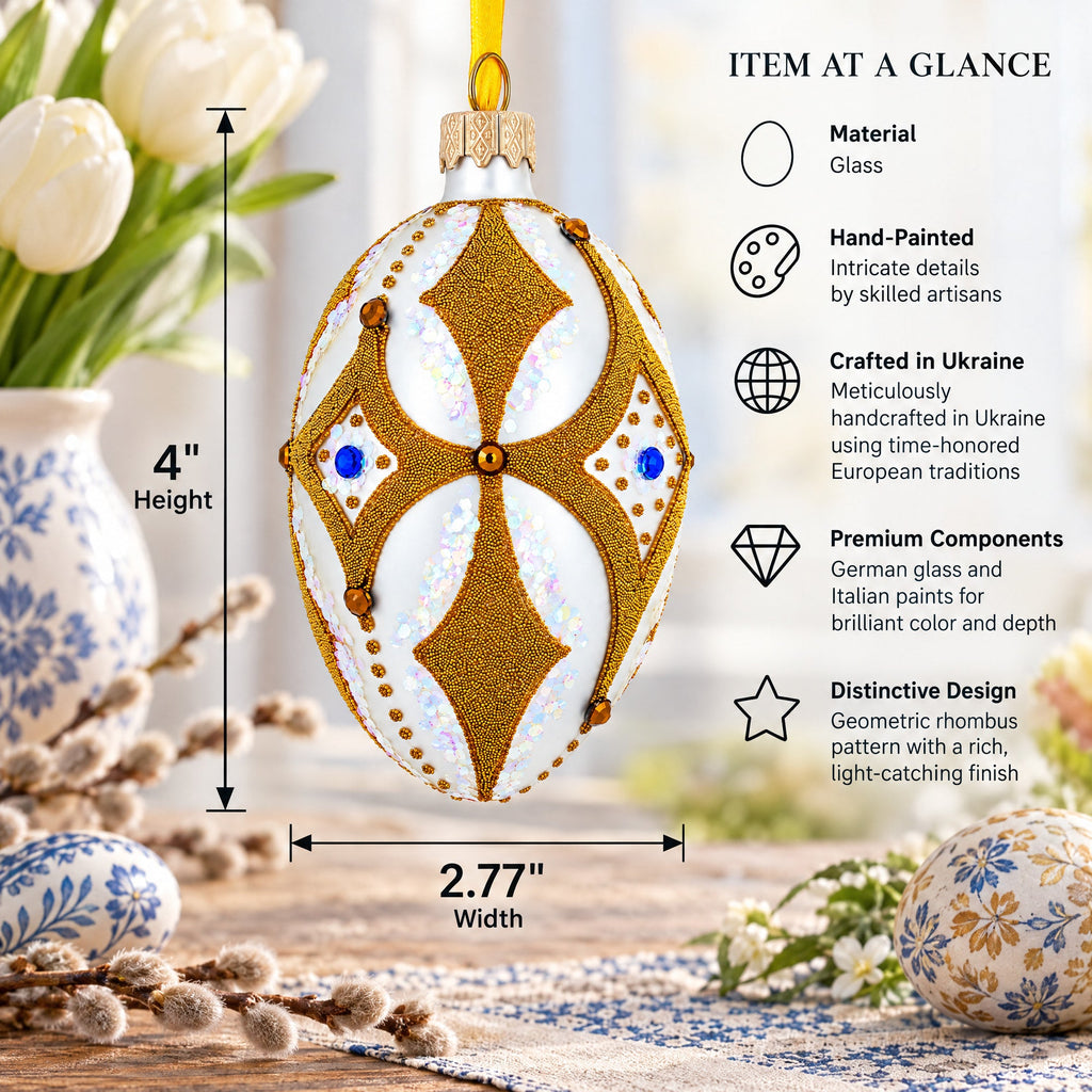 Golden Rhombus On White Glass Egg Ornament 4 Inches