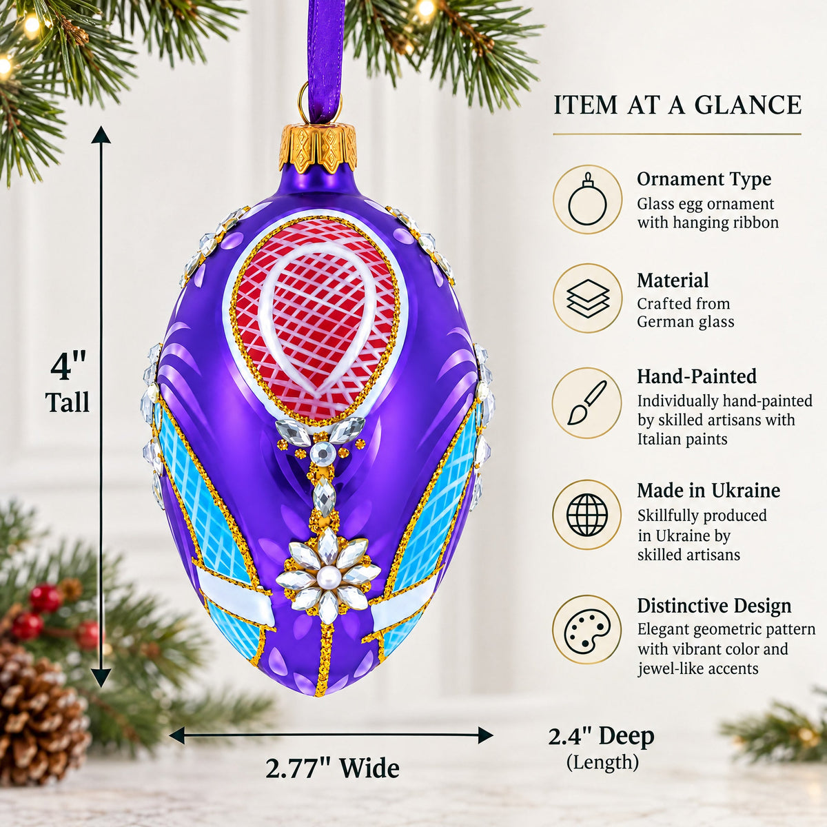 Milan Designer Luxury Flower Earrings Glass Egg Christmas Ornament 4 Inches