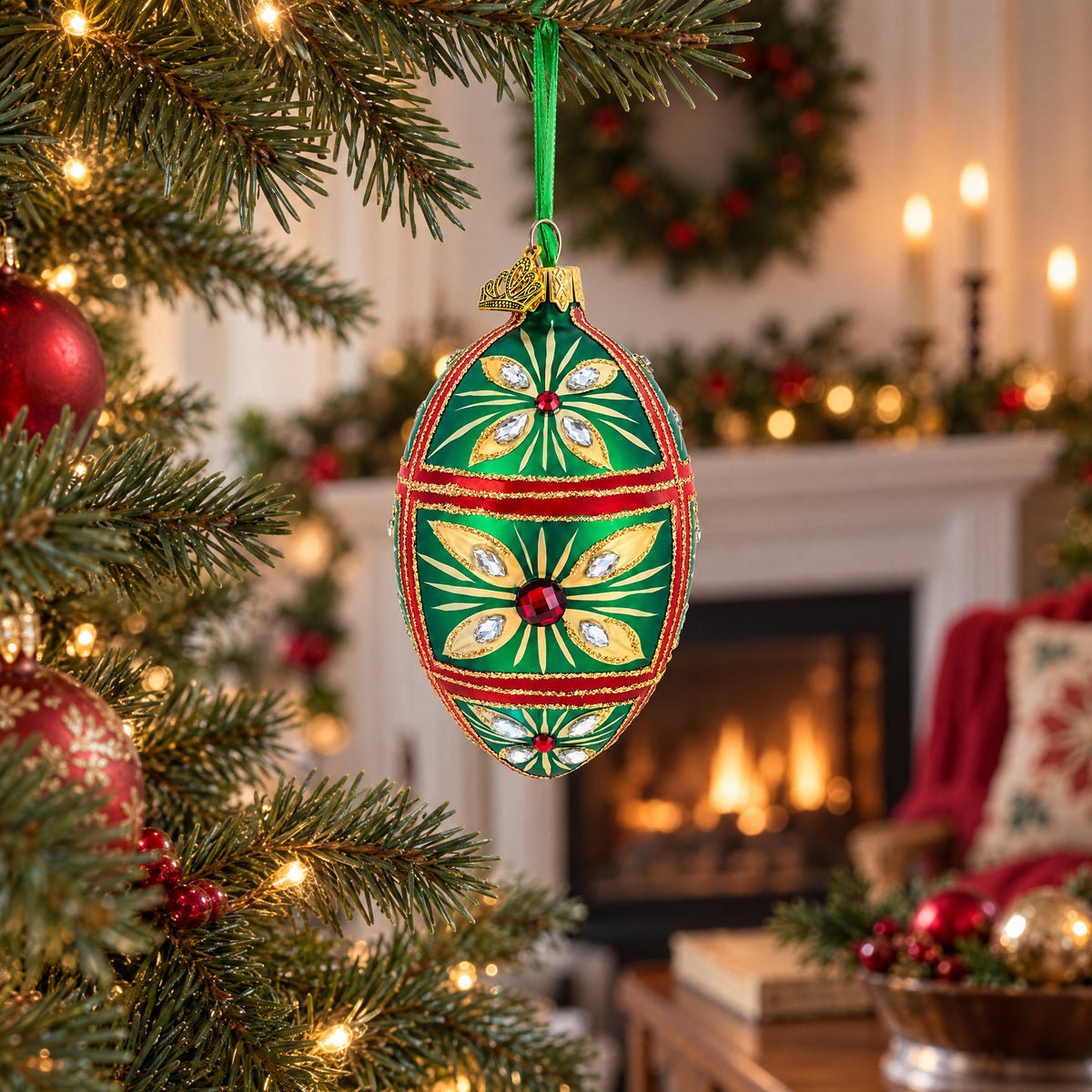 Red Jewel on Green Glass Egg Ornament 4 Inches
