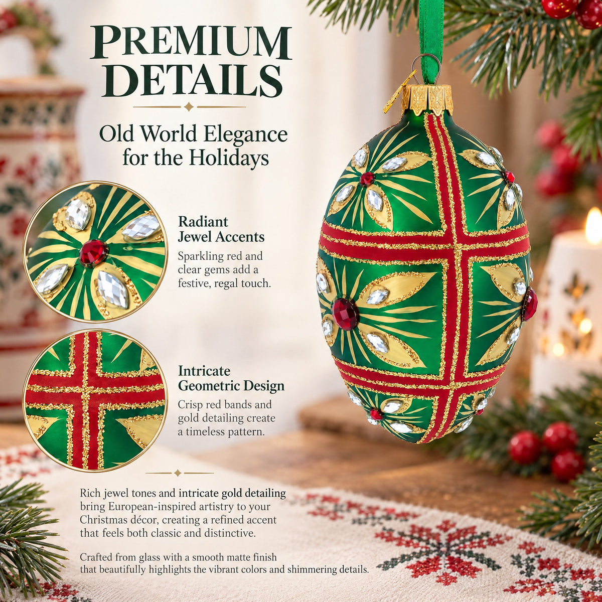 Red Jewel on Green Glass Egg Ornament 4 Inches