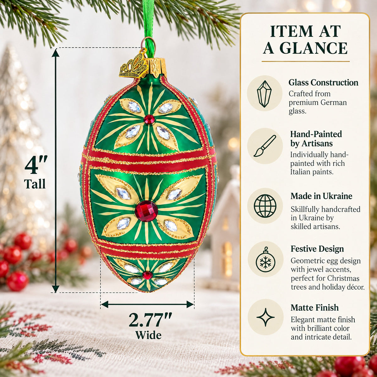 Red Jewel on Green Glass Egg Ornament 4 Inches