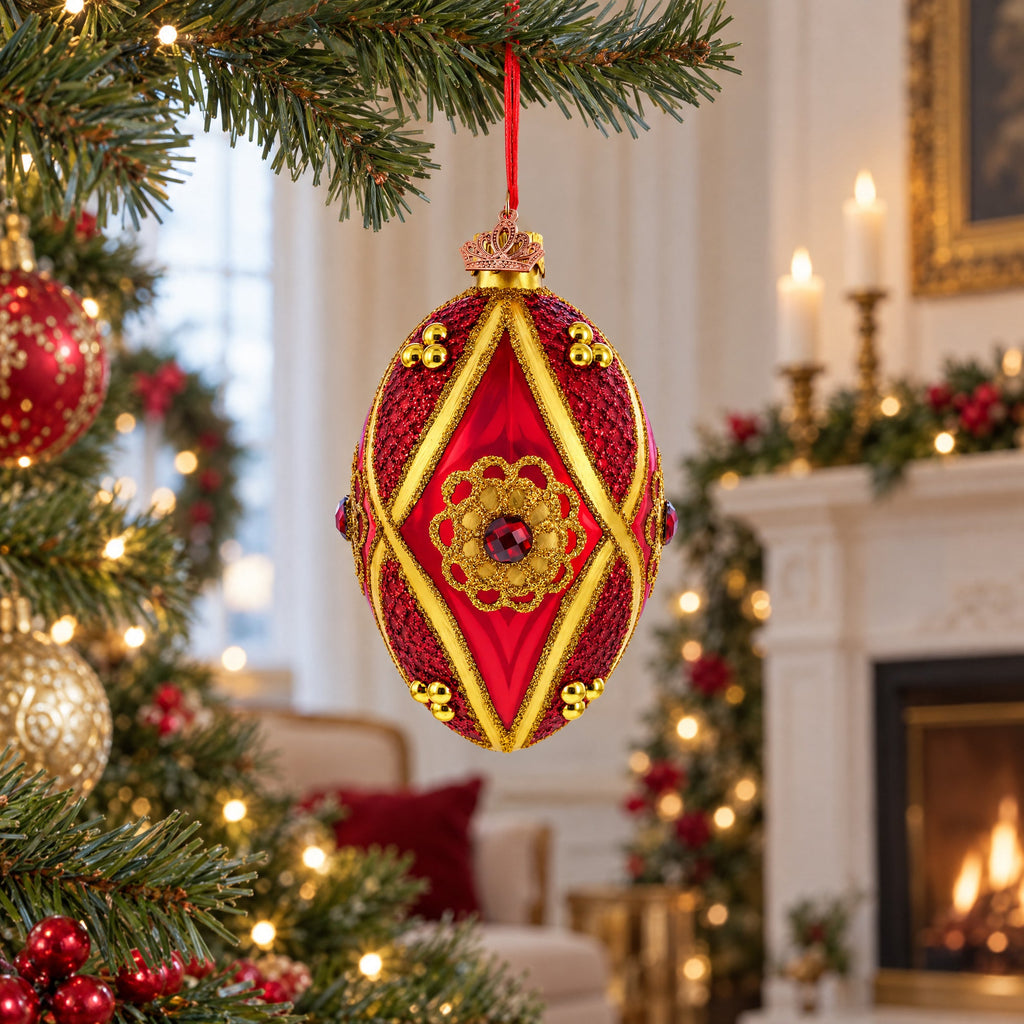 Red Jewel on Red Glass Egg Ornament 4 Inches