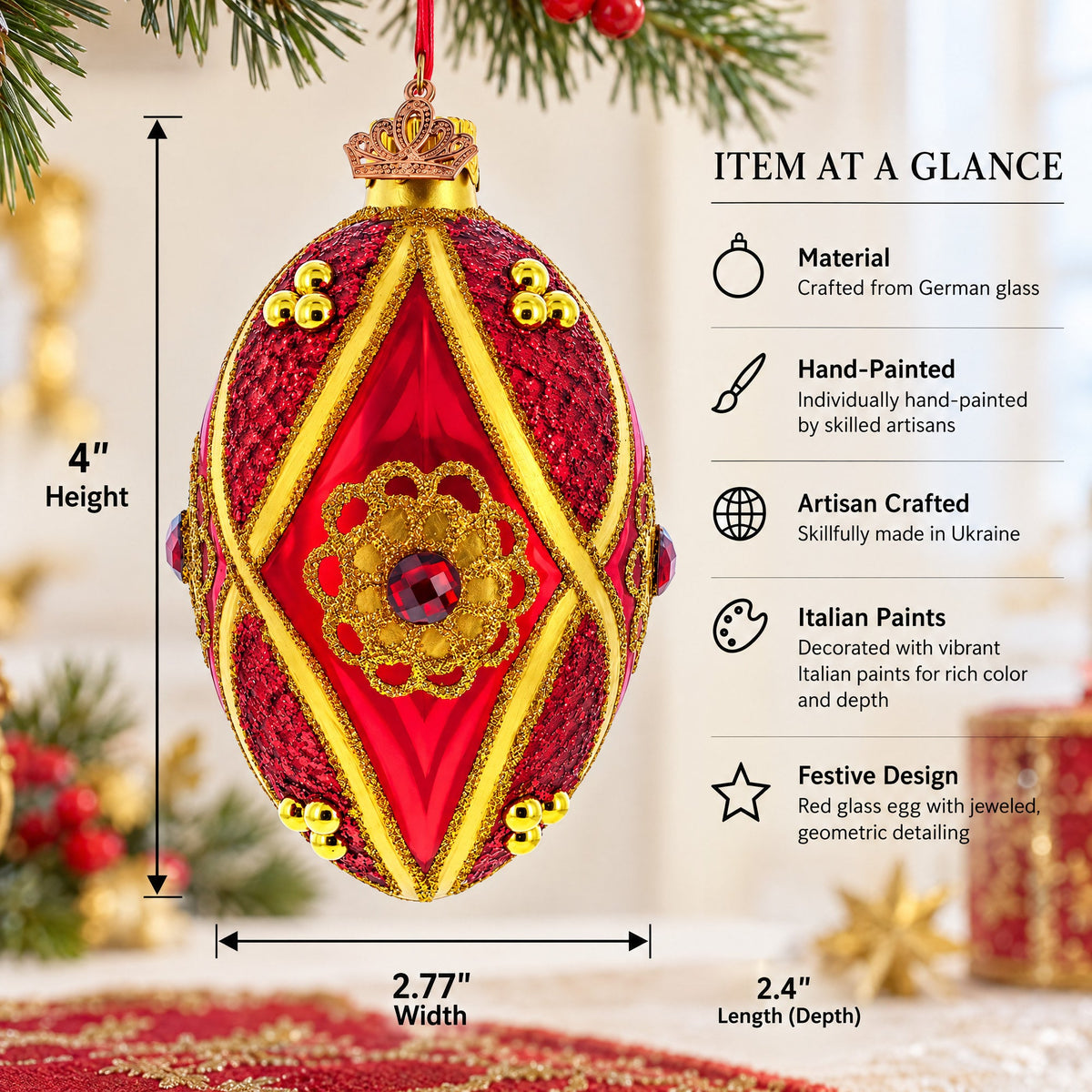 Red Jewel on Red Glass Egg Ornament 4 Inches