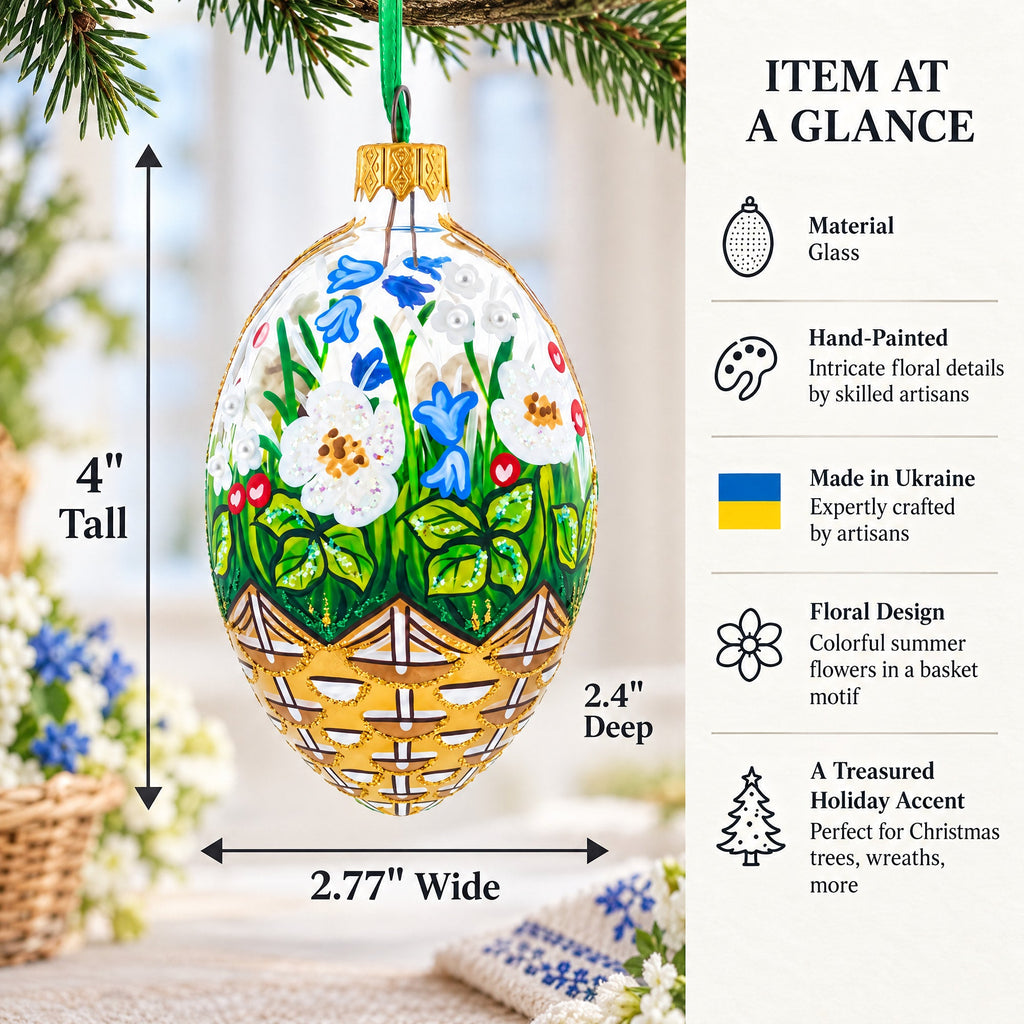 Summer Flowers Basket Glass Egg Ornament 4 Inches