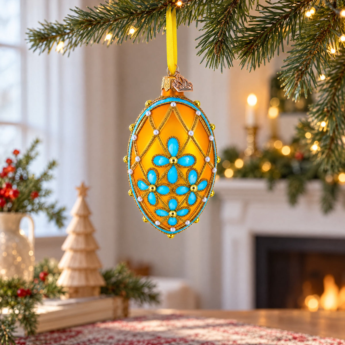 Blue Flowers on Gold Glass Egg Ornament 4 Inches