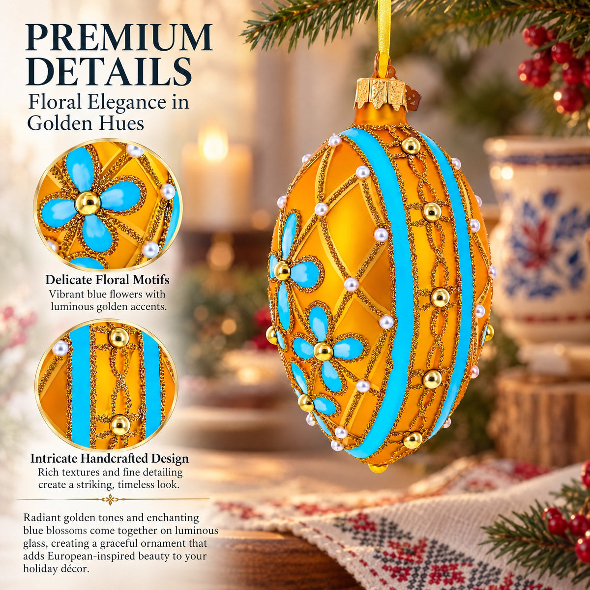 Blue Flowers on Gold Glass Egg Ornament 4 Inches