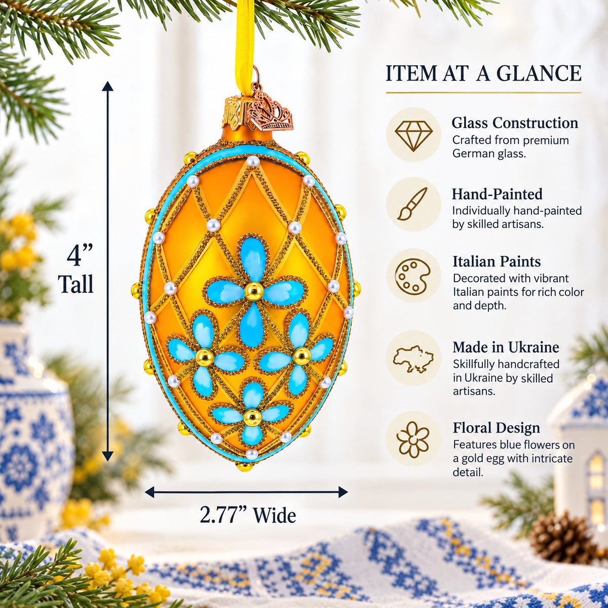 Blue Flowers on Gold Glass Egg Ornament 4 Inches