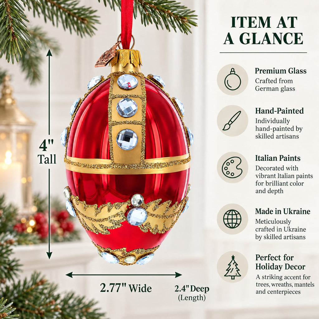 Diamonds on Red Glass Egg Ornament 4 Inches
