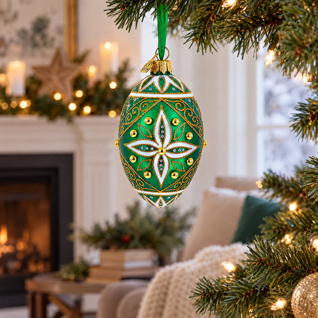 Jeweled White Star on Green Glass Egg Ornament 4 Inches
