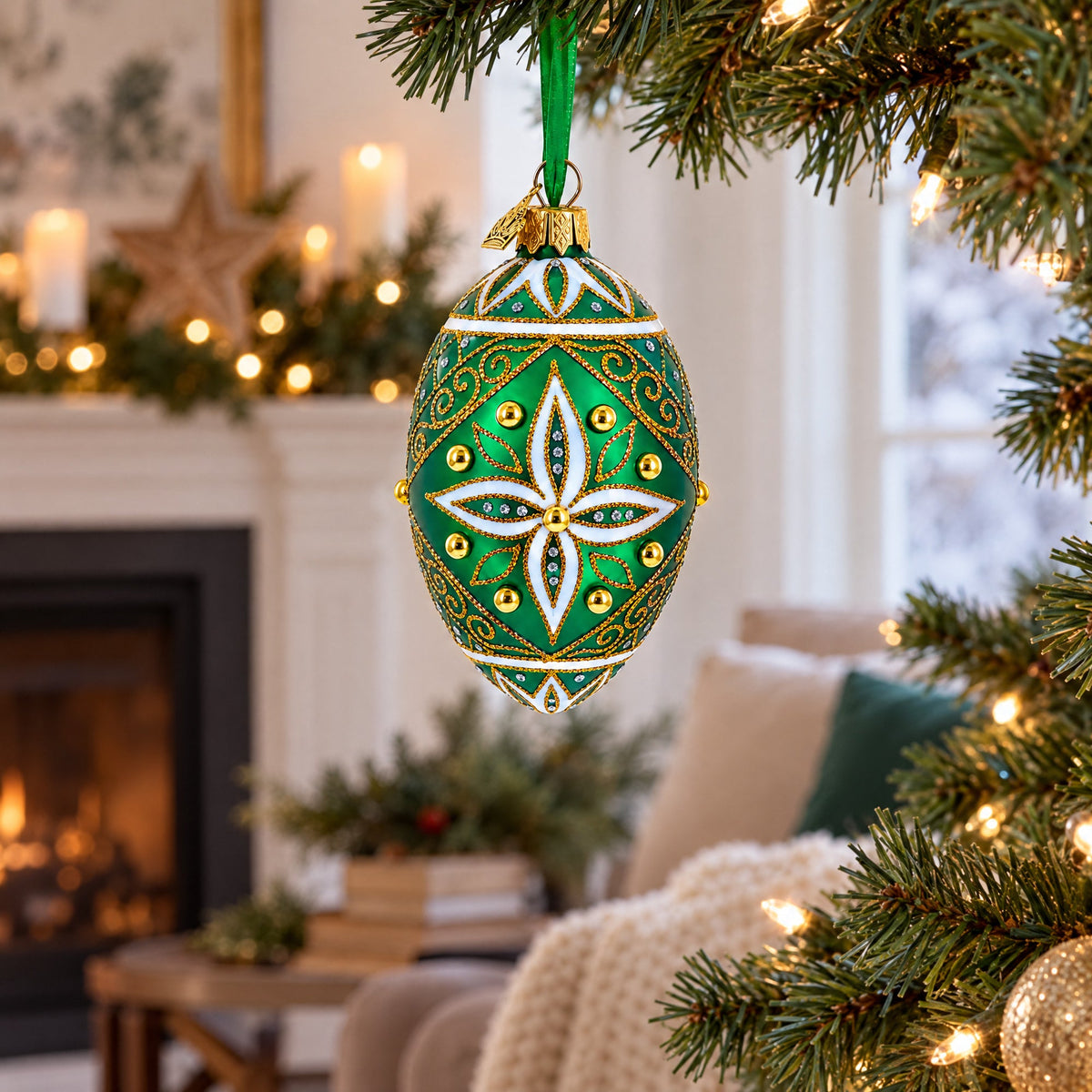 Jeweled White Star on Green Glass Egg Ornament 4 Inches
