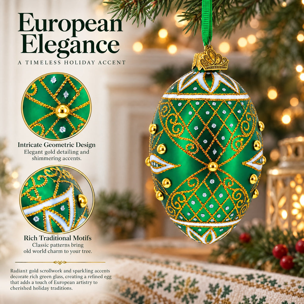 Jeweled White Star on Green Glass Egg Ornament 4 Inches