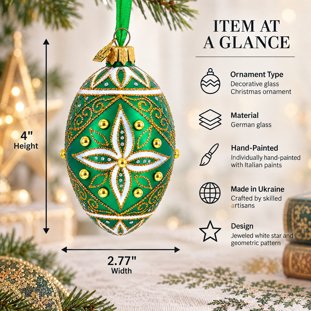 Jeweled White Star on Green Glass Egg Ornament 4 Inches