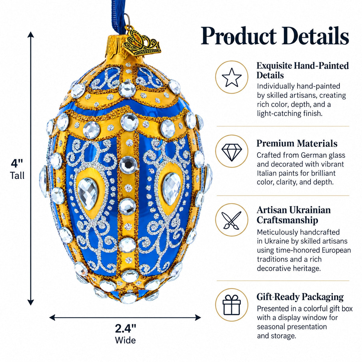White Scrolls on Blue Glass Egg Ornament 4 Inches