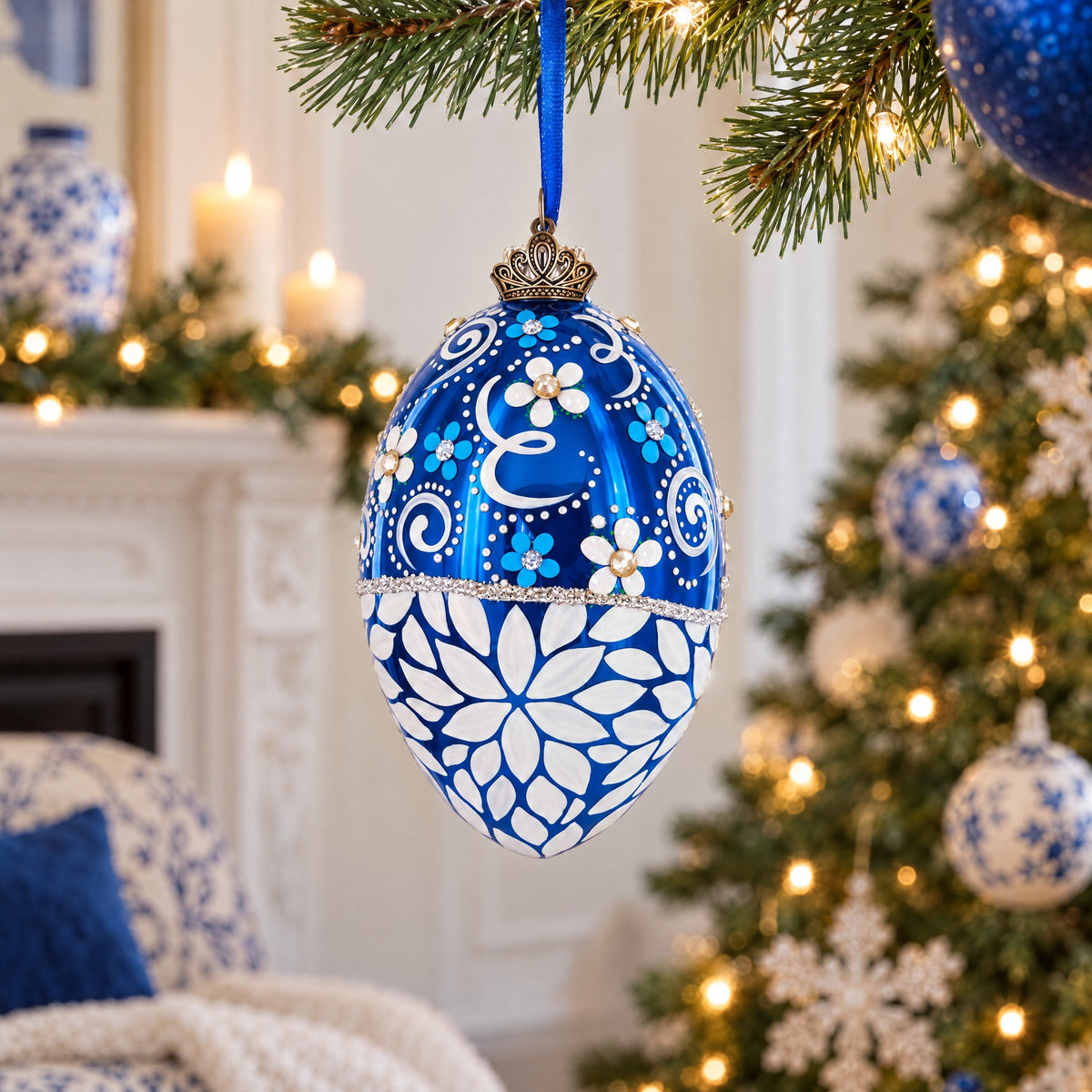 White Pearled Flowers on Glossy Blue Glass Egg Ornament 4 Inches