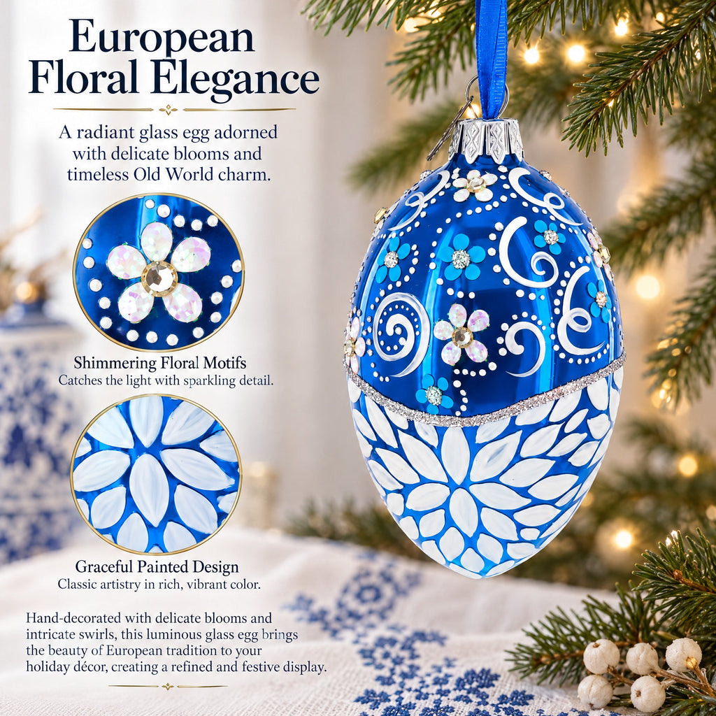 White Pearled Flowers on Glossy Blue Glass Egg Ornament 4 Inches