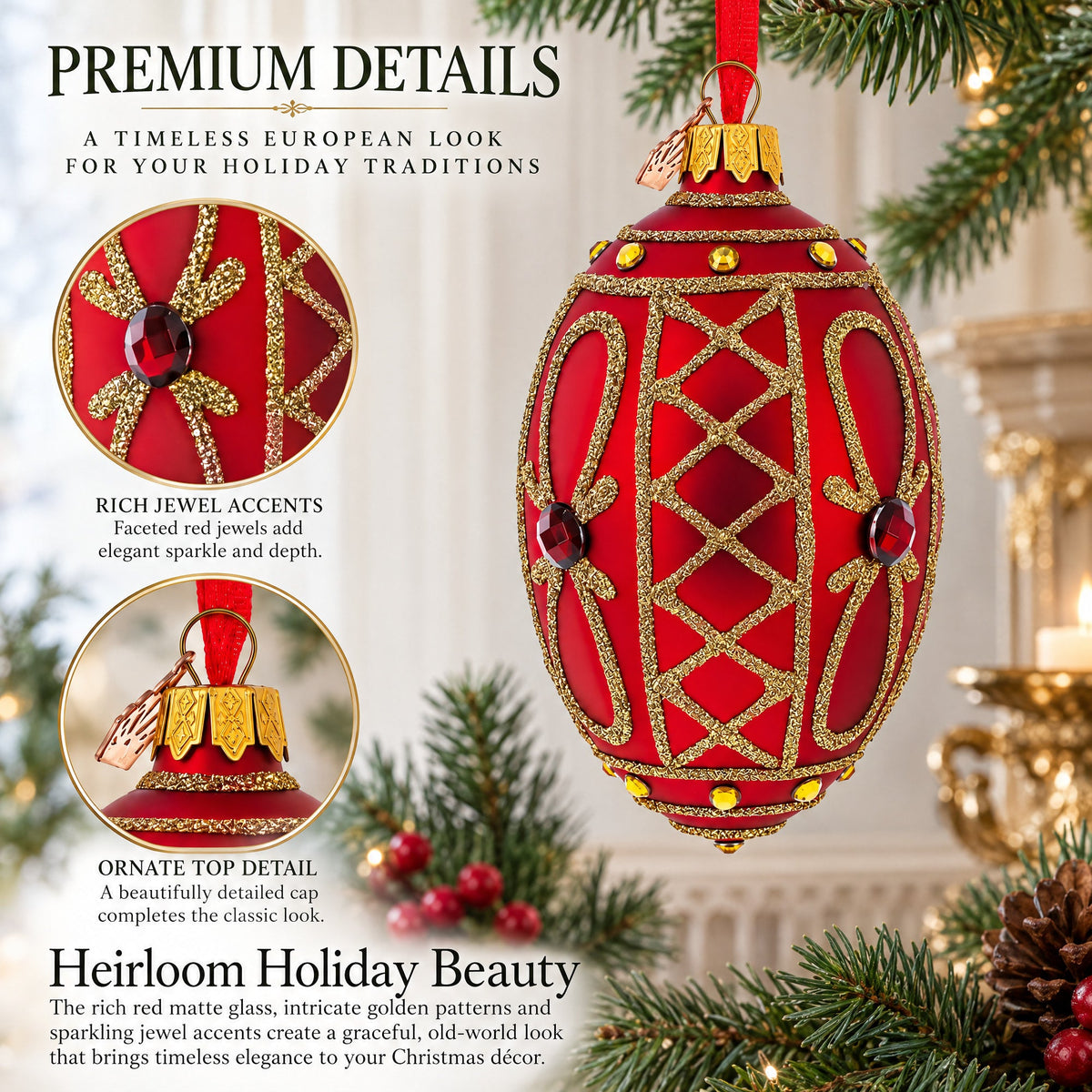 Red Jewel on Red Glass Egg Ornament 4 Inches