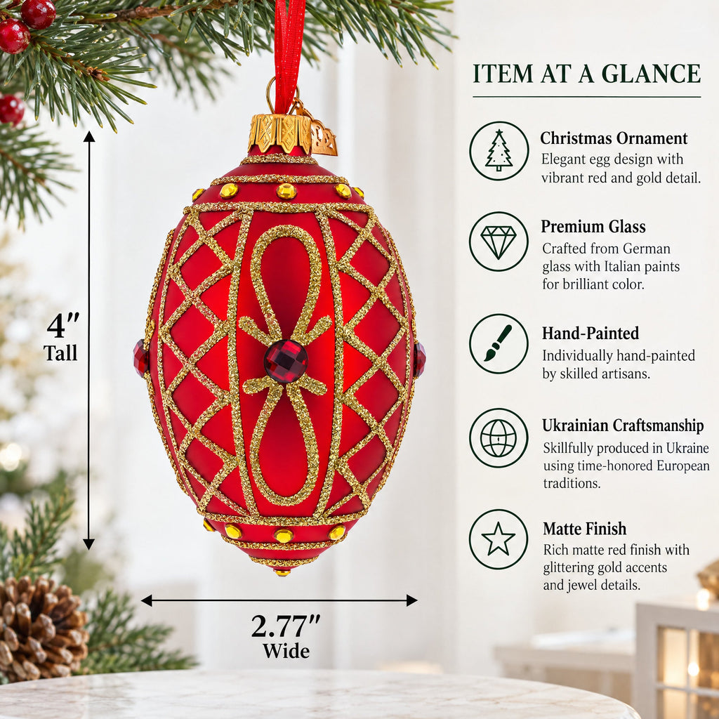 Red Jewel on Red Glass Egg Ornament 4 Inches