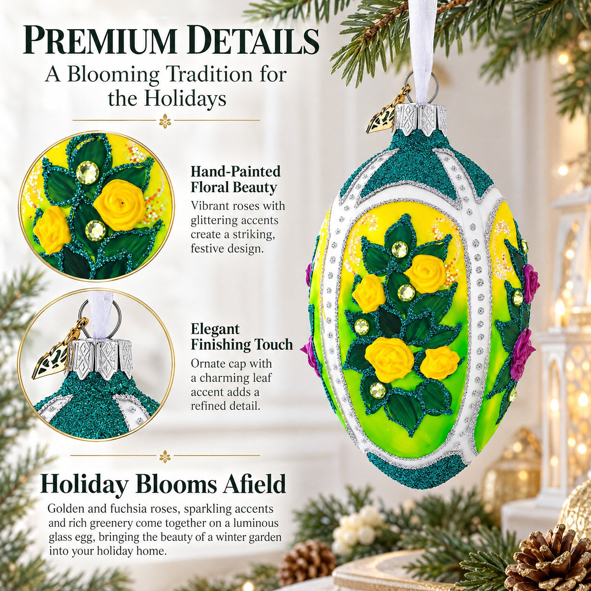 Flowers Bouquet on Green Glass Egg Ornament 4 Inches
