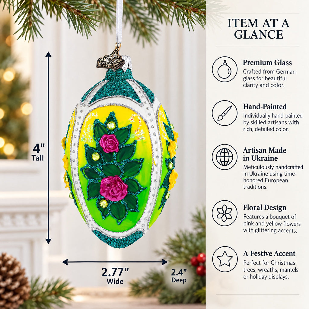 Flowers Bouquet on Green Glass Egg Ornament 4 Inches