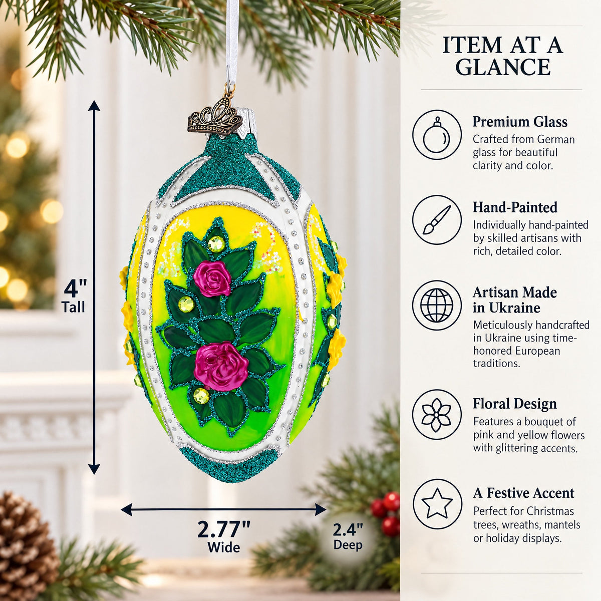 Flowers Bouquet on Green Glass Egg Ornament 4 Inches