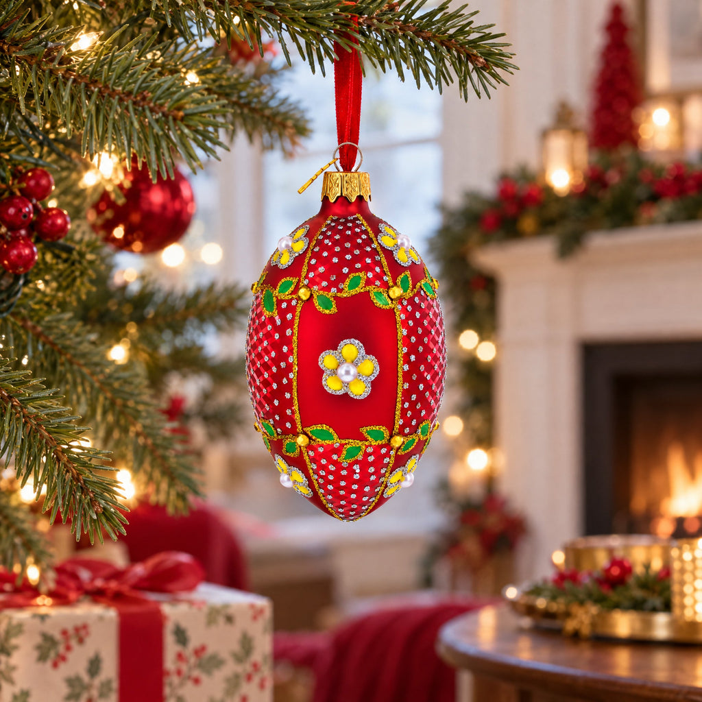 Yellow Flower on Red Glass Egg Ornament 4 Inches