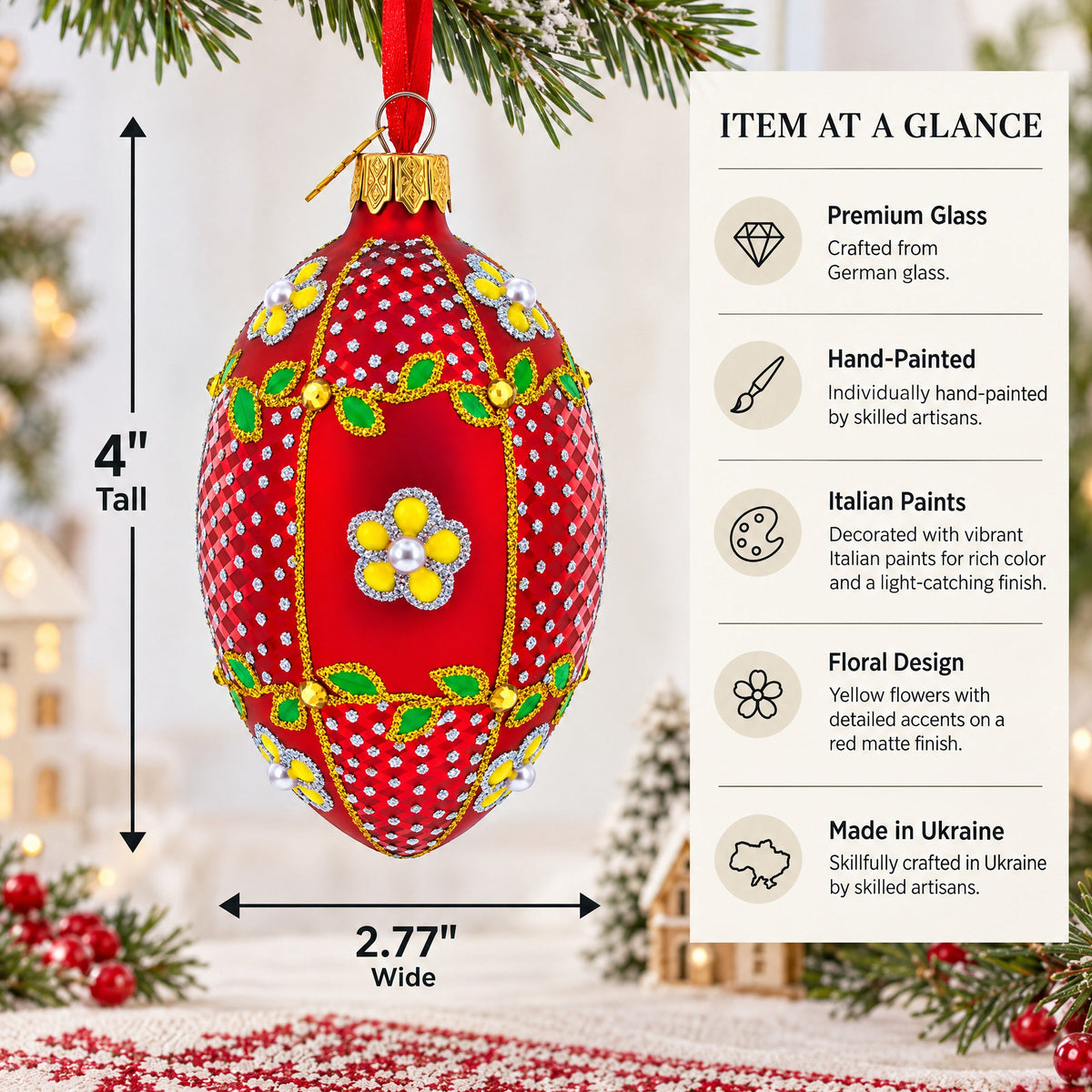 Yellow Flower on Red Glass Egg Ornament 4 Inches