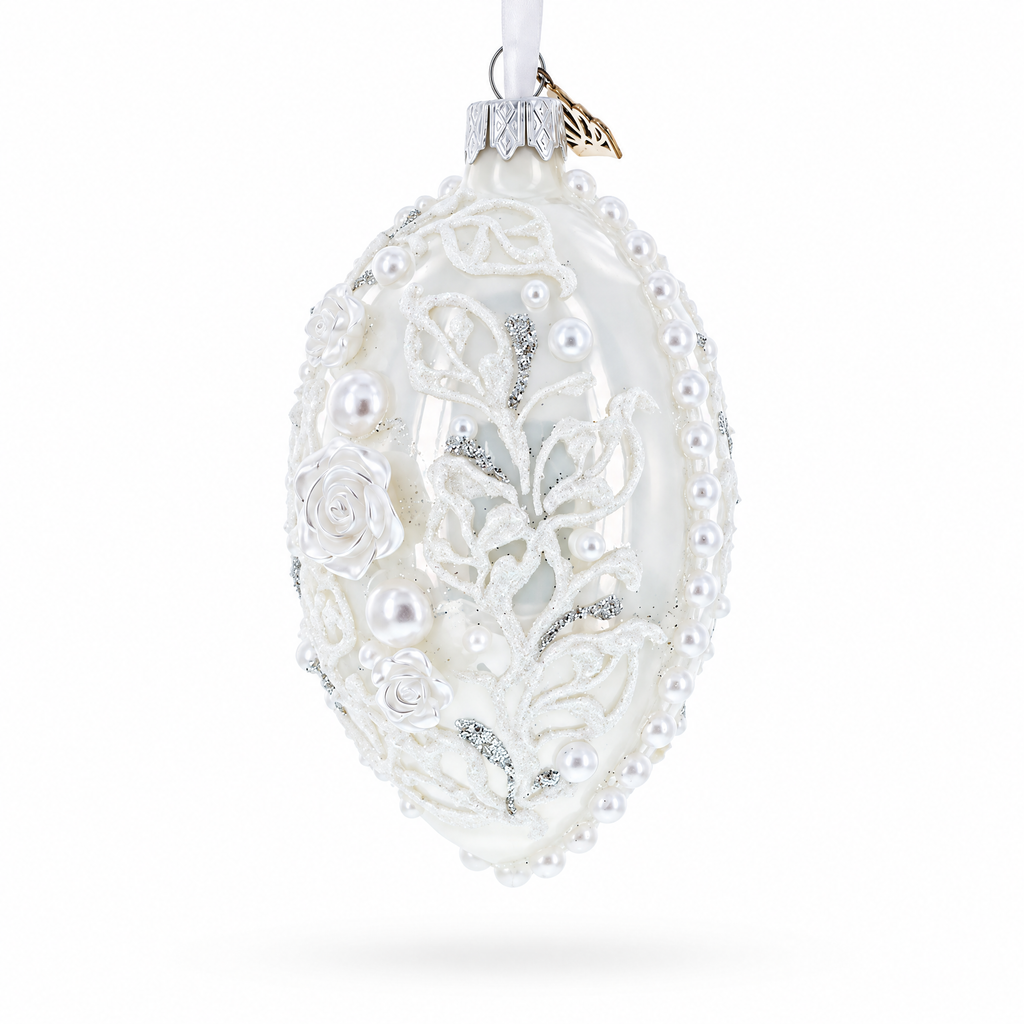 3D Pearl Roses Glass Egg Ornament 4 Inches