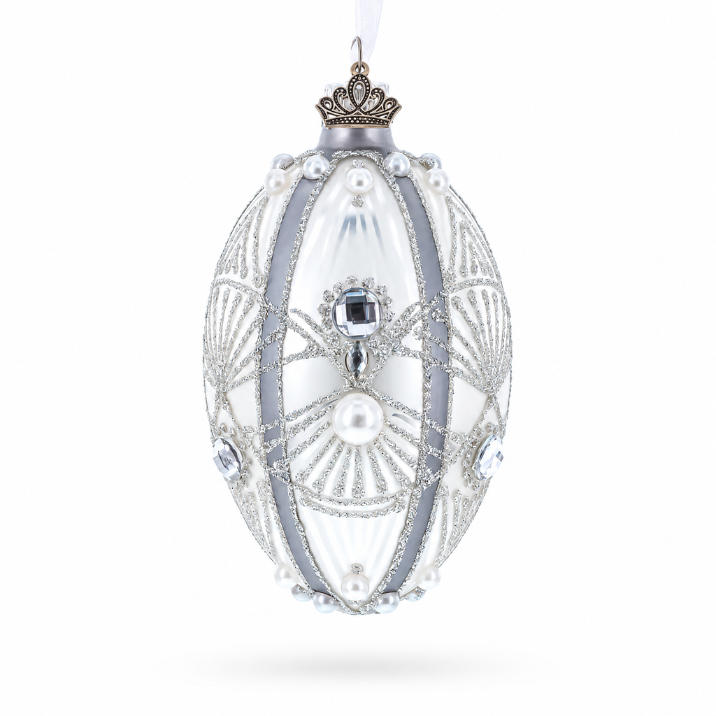 Diamonds on Silver Glass Egg Ornament 4 Inches