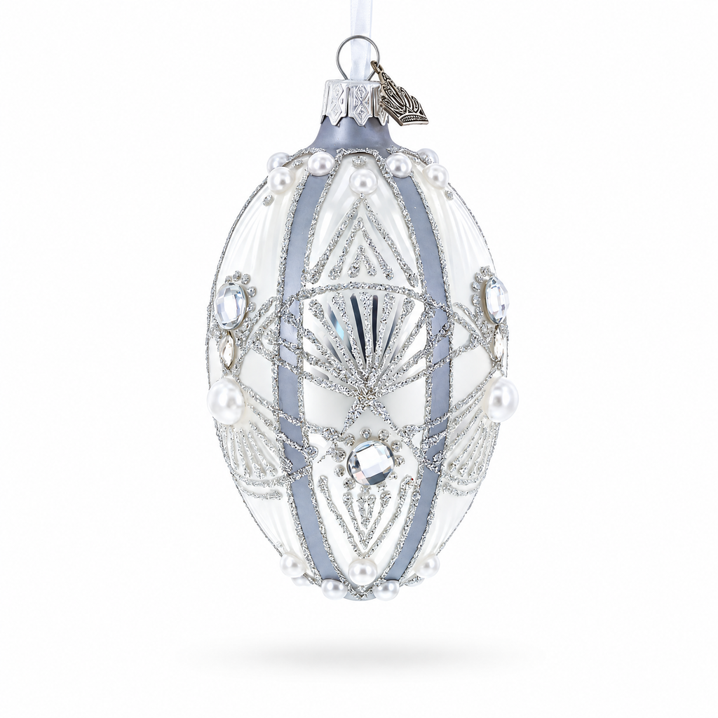 Diamonds on Silver Glass Egg Ornament 4 Inches