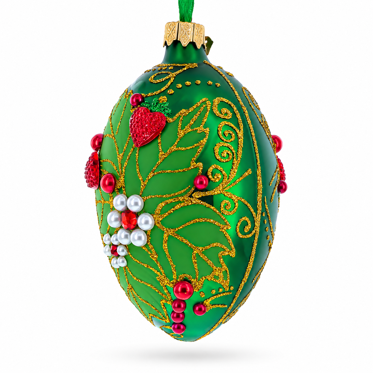 Pearl on Green Leaves Glass Egg Ornament 4 Inches