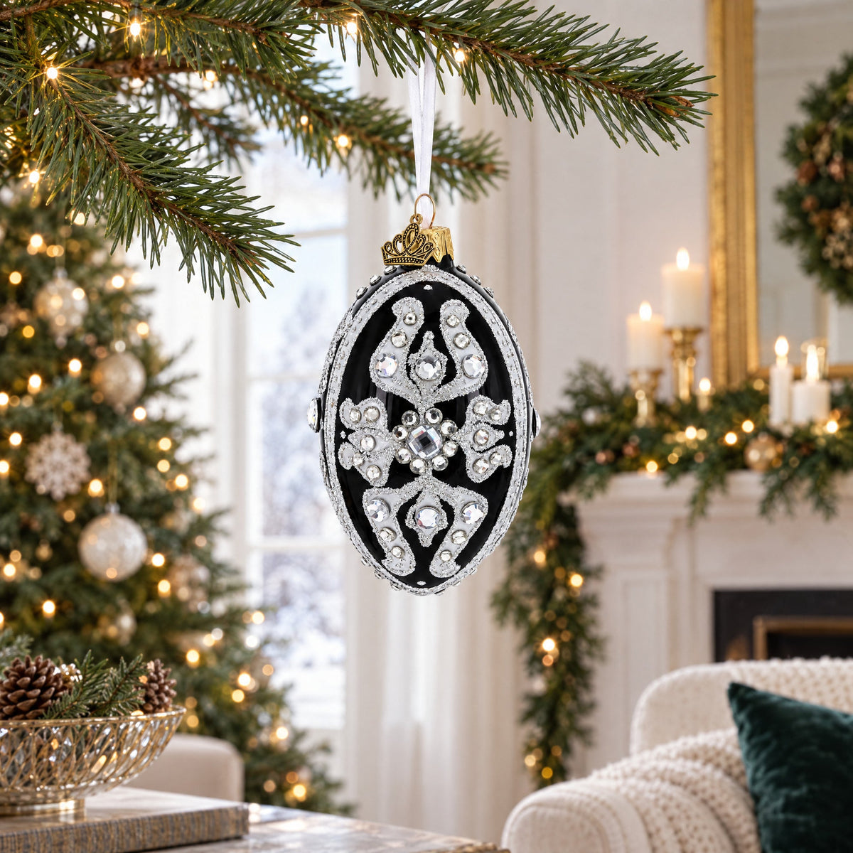 Silver and Crystal Floral Pattern on Black Glass Egg Ornament 4 Inches