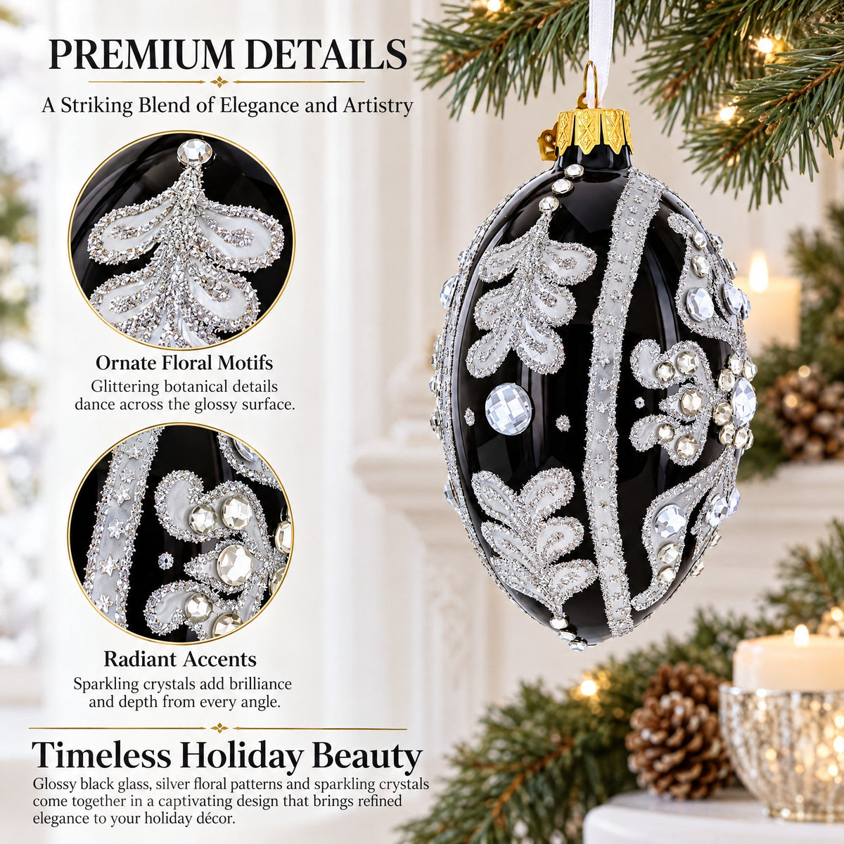 Silver and Crystal Floral Pattern on Black Glass Egg Ornament 4 Inches