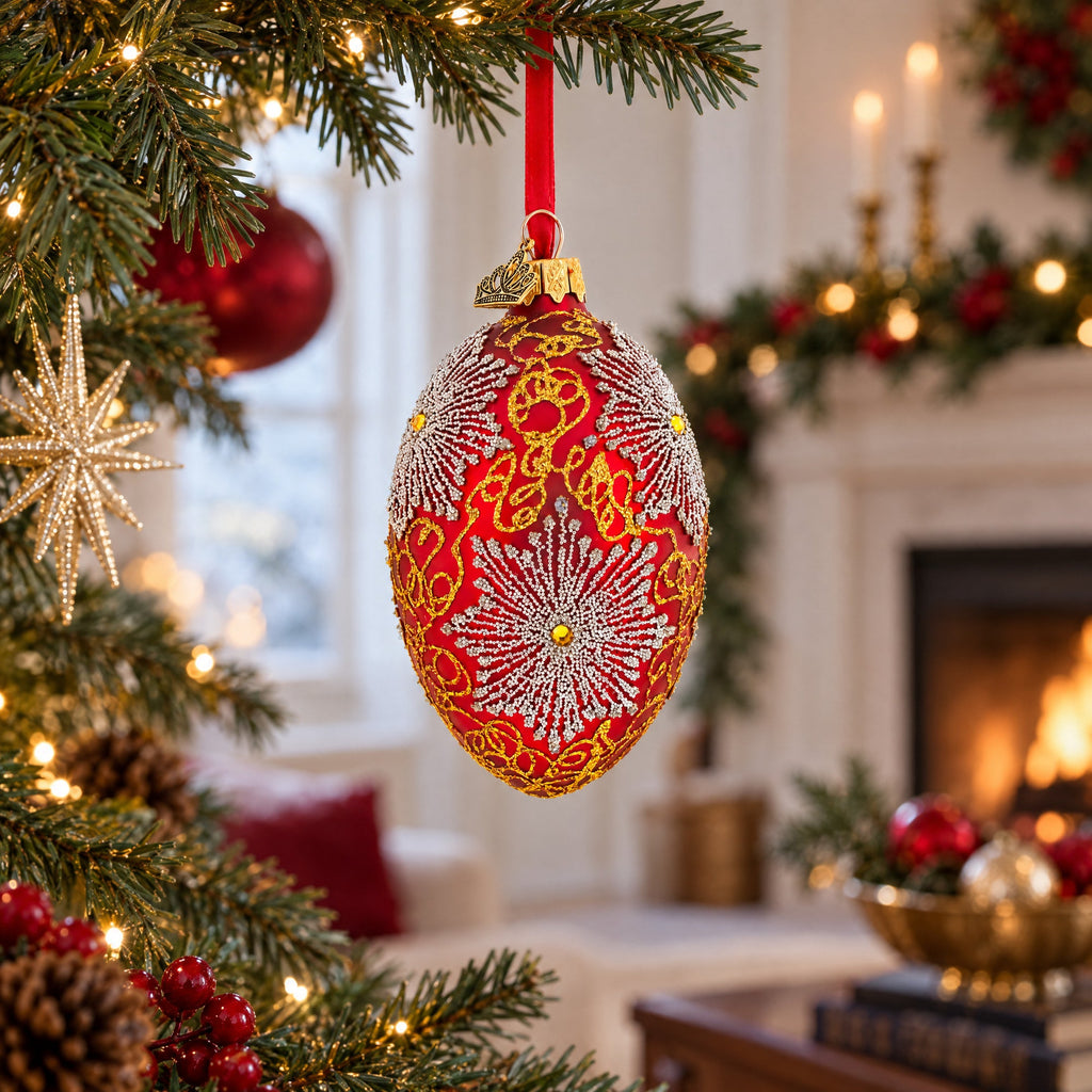 Red and Gold Paisley with Silver Starburst Glass Egg Ornament 4 Inches