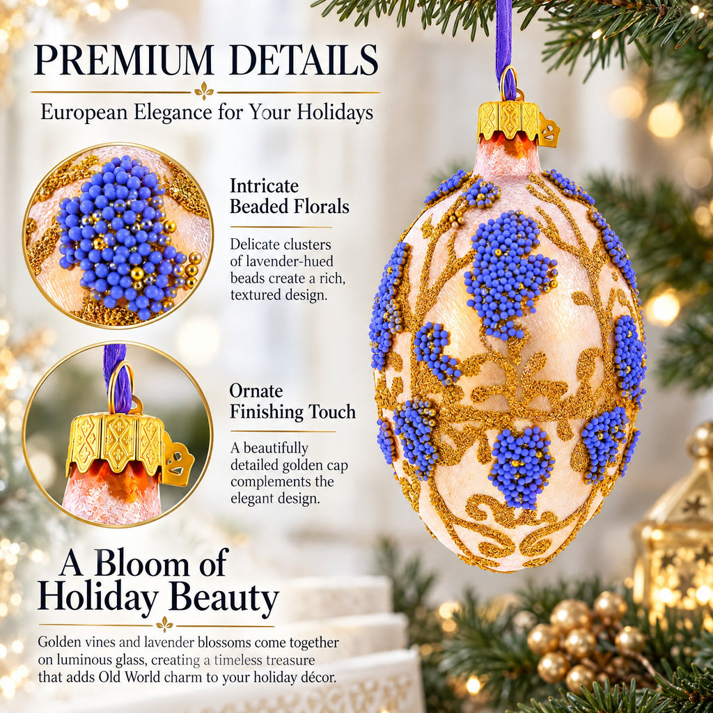 Golden Amber with Lavender Blossoms Beaded Glass Egg Ornament 4 Inches