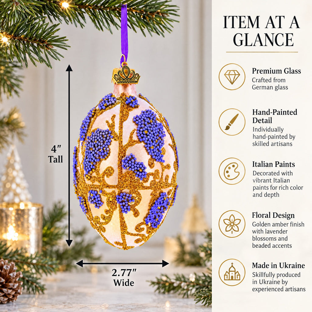 Golden Amber with Lavender Blossoms Beaded Glass Egg Ornament 4 Inches