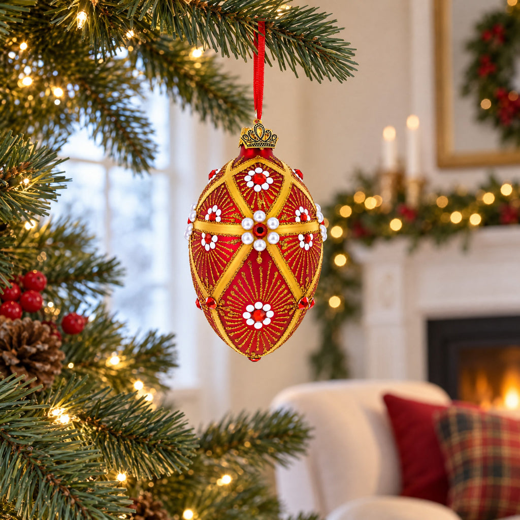 Red and Gold Floral Bejeweled Glass Egg Ornament 4 Inches