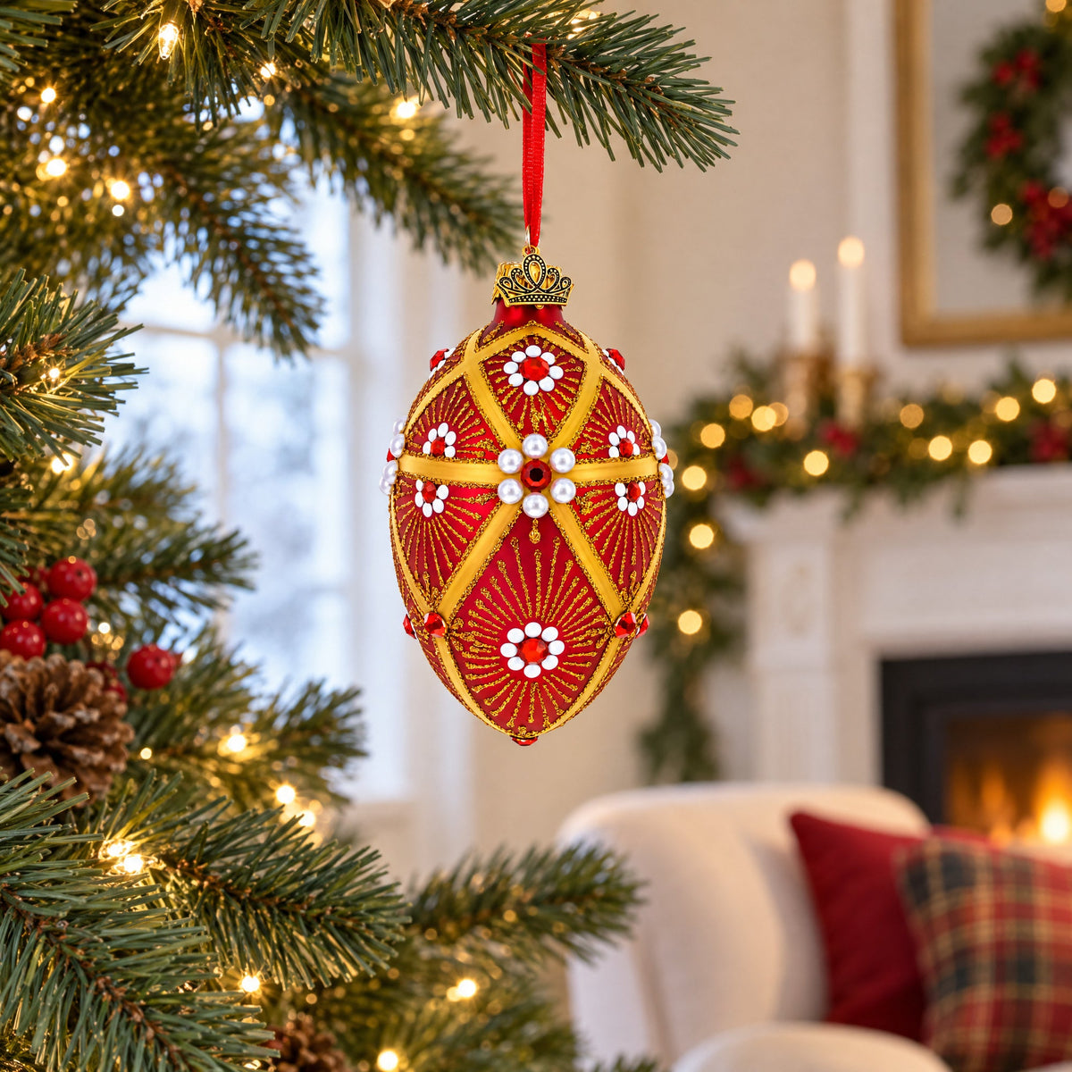 Red and Gold Floral Bejeweled Glass Egg Ornament 4 Inches