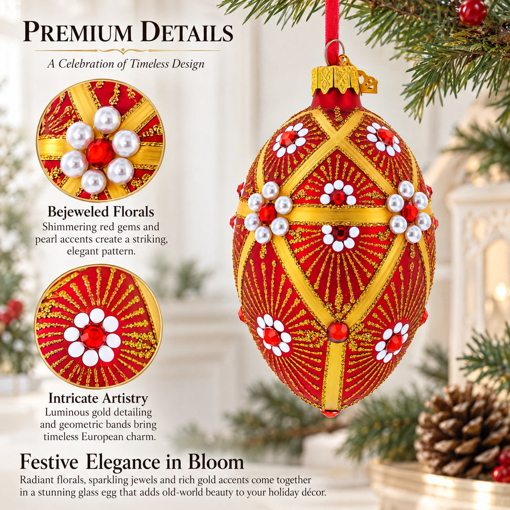 Red and Gold Floral Bejeweled Glass Egg Ornament 4 Inches