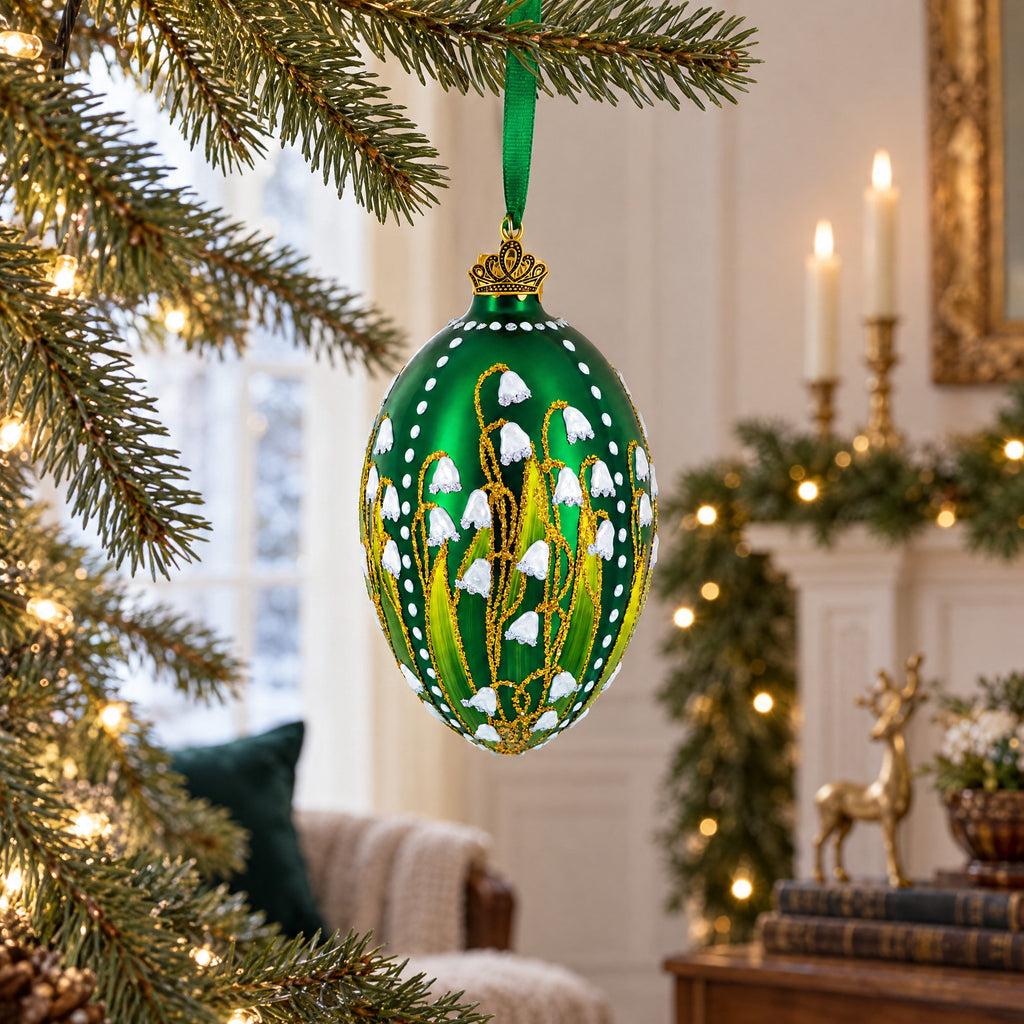 Lily of the Valley on Emerald Egg Glass Ornament 4 Inches