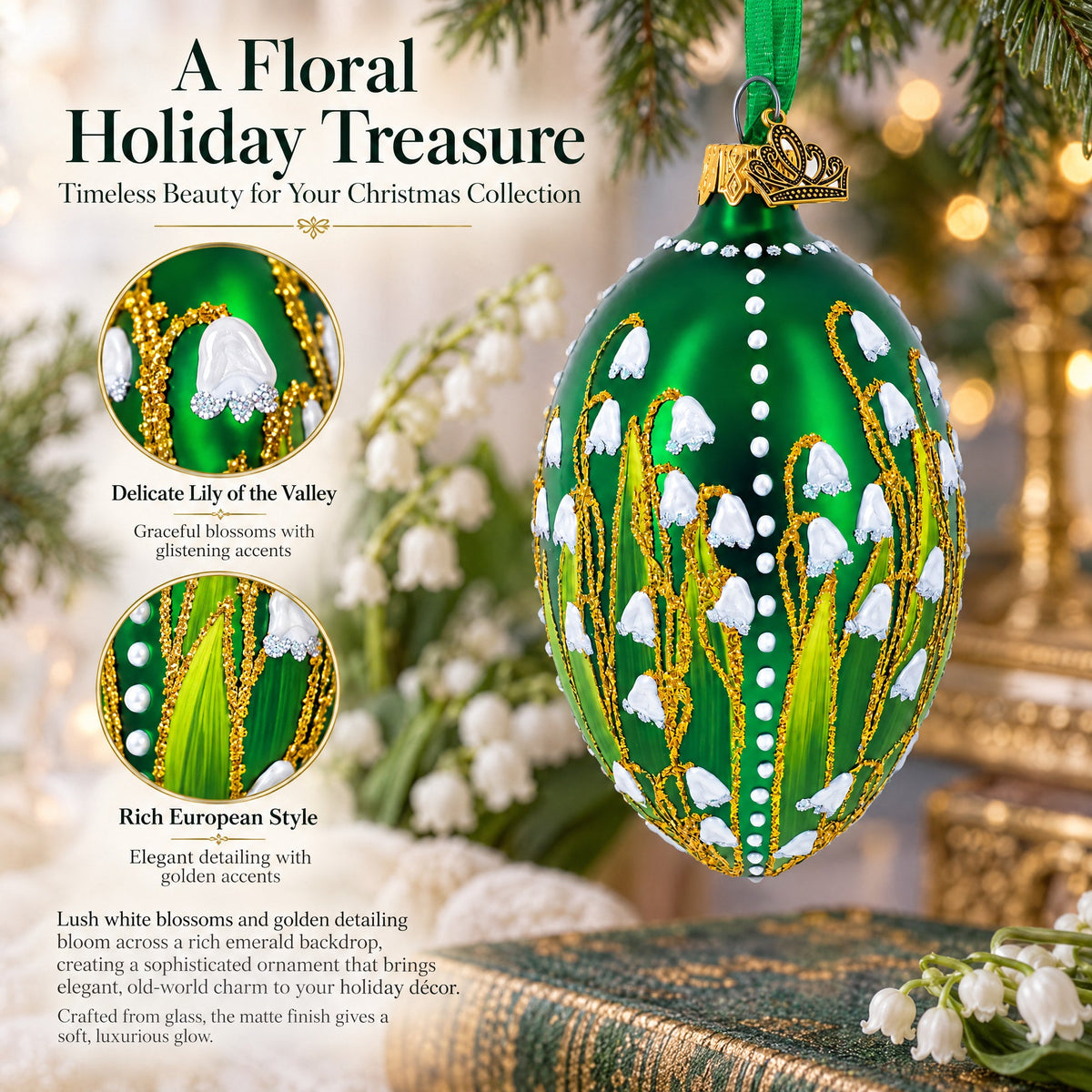 Lily of the Valley on Emerald Egg Glass Ornament 4 Inches