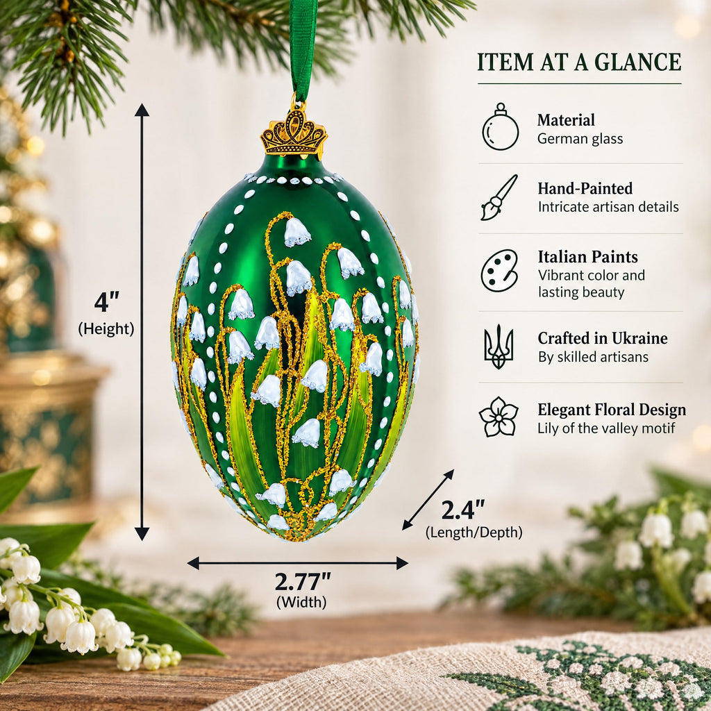 Lily of the Valley on Emerald Egg Glass Ornament 4 Inches